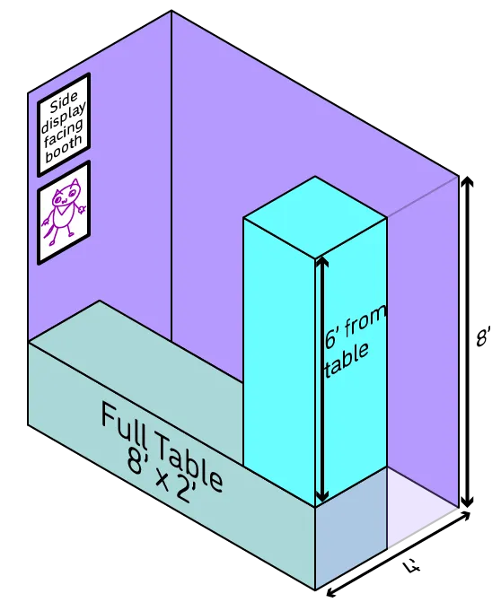 Isometric booth display diagram depicting that displays cannot be more than 8 ft high